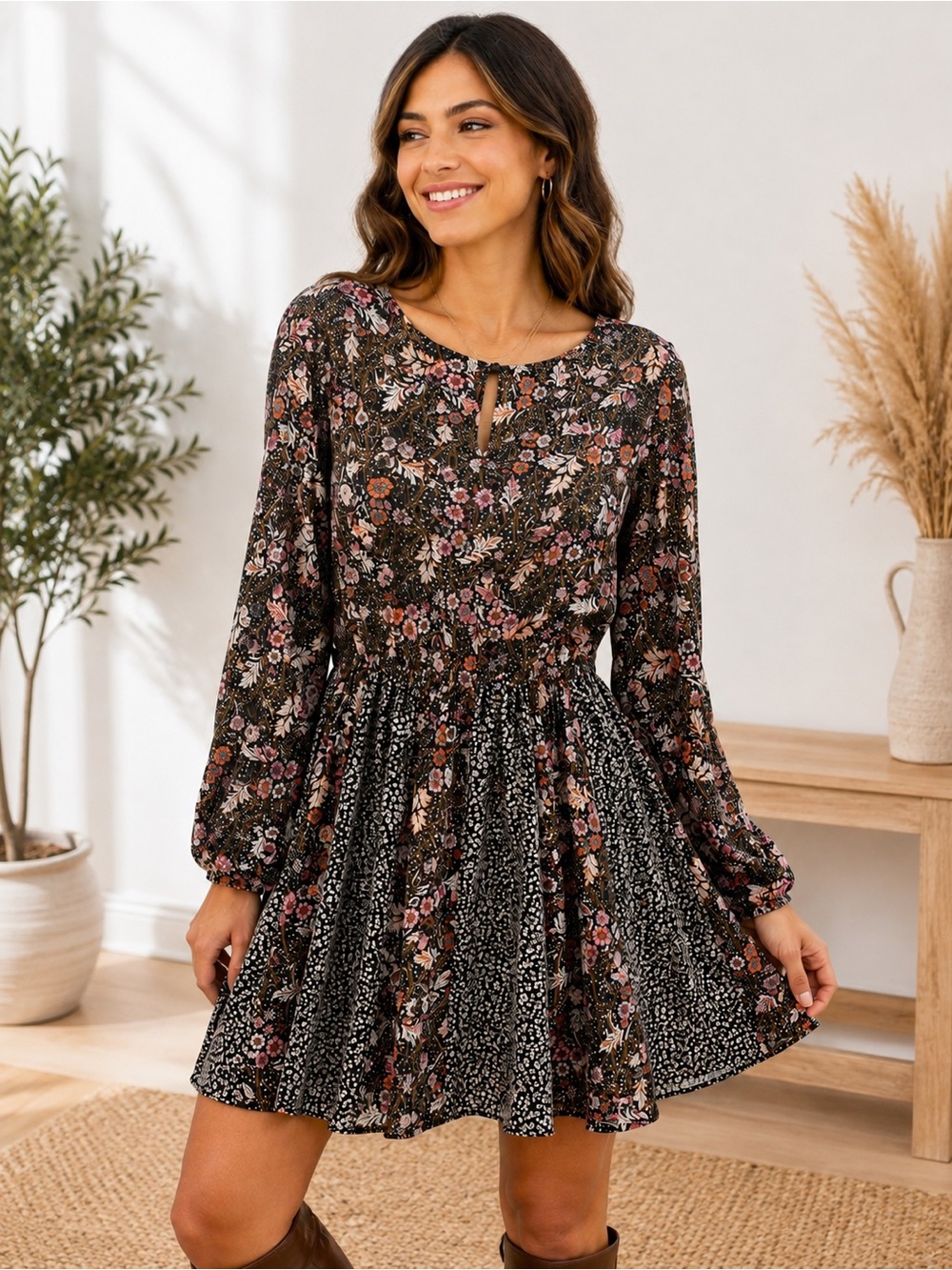 City Studio Mixed Floral Long Sleeve Fit & Flare Dress XL